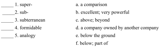Fill in the letter of the definition that matches best. Use each letter only once.