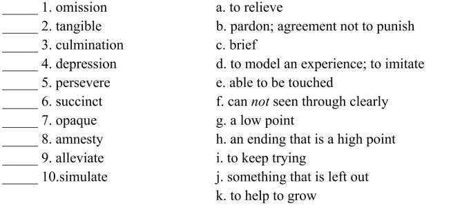 Fill in the letter of the definition that matches best. Use each letter only once.