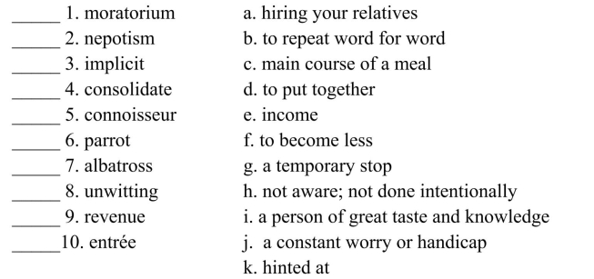 Fill in the letter of the definition that matches best. Use each letter only once.