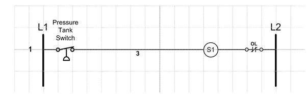 In the accompanying figure, the pressure tank switch pilot device determines when the motor is energized and de-energized by energizing and de-energizing the control coil.