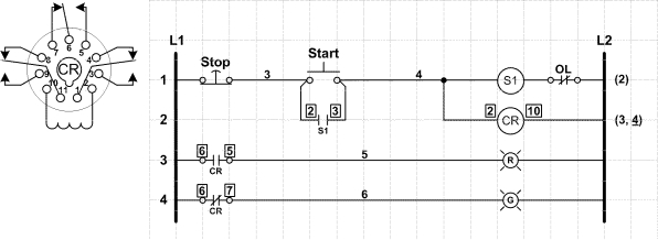 In the accompanying figure, the control circuit uses a relay in place of auxiliary contacts to operate auxiliary contact-controlled status indicator lamps.