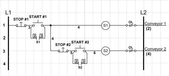 In the accompanying figure, describe the order, if any, in which the motors start running.