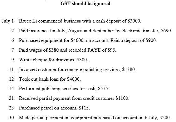 Bruce Li commenced his concrete polishing business on 1 July 2018, trading as Li Concrete Polishing. The transactions for his first month of business are given below. Bruce Li records the payments for insurance as a prepayment (Prepaid Insurance) and records the corresponding expenses on balance date. Further information as at 31 July 2018: • Mobile telephone phone expenses of $400 were owing for July. An invoice had not been received on balance date. • The depreciation expense for the equipment for July is determined to be $270. • Insurance prepaid for August and September is $400. • Services performed but not invoiced amounted to $700. Prepare all of the journal entries for the above transactions (narrations are not required).
