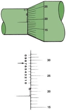 <strong>What is the reading on this metric micrometer? </strong> A)0.250 mm B)0.161 mm C)0.225 mm D)0.187 mm
