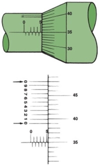 <strong>What is the reading on this metric micrometer? </strong> A)0.410 mm B)0.540 mm C)5.535 mm D)0.035 mm