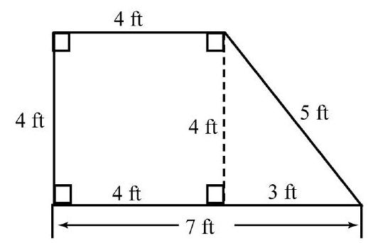 <strong>Find the perimeter and area of the figure. </strong> A) \quad P=20 \mathrm{ft}, A=28 \mathrm{ft}^{2} B) \quad P=15 \mathrm{ft}, A=22 \mathrm{ft}^{2} C) P=22 \mathrm{ft}, A=20 \mathrm{ft}^{2} D) P=20 \mathrm{ft}, A=22 \mathrm{ft}^{2}
