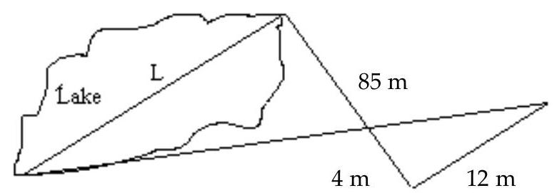 Use a proportion to solve the problem. Round to the nearest tenth as needed. -Find the length, L, of the lake. Assume that the two triangles are similar.