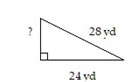 <strong>Solve the problem. Give the answer to the nearest thousandth if necessary. -The diagram below shows a rope connecting the top of a pole to the ground. The rope is 28 yd long and touches the ground 24 yd from the pole. How tall is the pole? </strong> A) 7.211 yd B) 104 yd C) 26 yd D) 14.422 yd