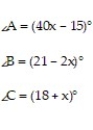 Provide an appropriate response. -Find the measure of each angle. <sub></sub>