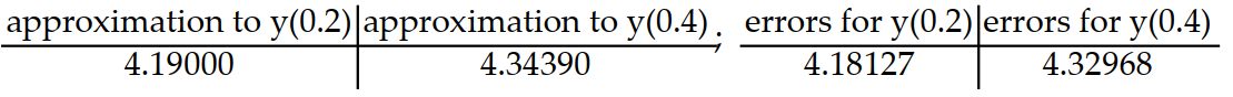 <strong>Consider the initial value problem. Find the approximations of y(0.2) and y(0.4) using Euler's method with a time step of Then using the exact solution given, compute the errors in the Euler approximations at t = 0.2 and t = 0.4 Round answers to five decimal places, do not use intermediate rounding. -y'(t) = 5 - y, y(0) = 4; y(t) = 5 - </strong> A) B) C) D)