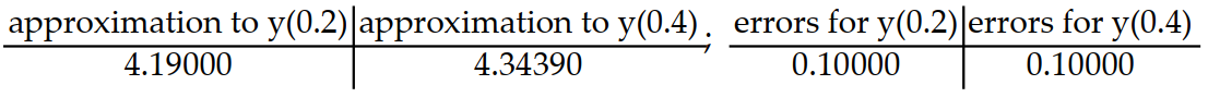 <strong>Consider the initial value problem. Find the approximations of y(0.2) and y(0.4) using Euler's method with a time step of Then using the exact solution given, compute the errors in the Euler approximations at t = 0.2 and t = 0.4 Round answers to five decimal places, do not use intermediate rounding. -y'(t) = 5 - y, y(0) = 4; y(t) = 5 - </strong> A) B) C) D)