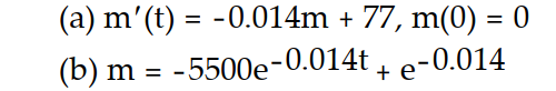 <strong>Solve the problem. -A 500 gallon tank is filled with pure water. A salt solution with a concentration of 11 g/gal flows into the tank at a rate of 7 gal/min. The thoroughly mixed solution is drained from the tank at a rate of 7 gal/min. (a) Write an initial value problem for the mass of the salt. (b) Solve the initial value problem.</strong> A) B) C) D)