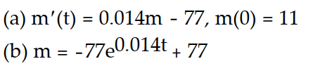 <strong>Solve the problem. -A 500 gallon tank is filled with pure water. A salt solution with a concentration of 11 g/gal flows into the tank at a rate of 7 gal/min. The thoroughly mixed solution is drained from the tank at a rate of 7 gal/min. (a) Write an initial value problem for the mass of the salt. (b) Solve the initial value problem.</strong> A) B) C) D)