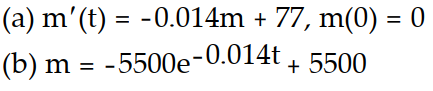 <strong>Solve the problem. -A 500 gallon tank is filled with pure water. A salt solution with a concentration of 11 g/gal flows into the tank at a rate of 7 gal/min. The thoroughly mixed solution is drained from the tank at a rate of 7 gal/min. (a) Write an initial value problem for the mass of the salt. (b) Solve the initial value problem.</strong> A) B) C) D)
