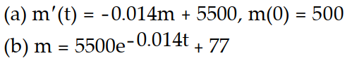 <strong>Solve the problem. -A 500 gallon tank is filled with pure water. A salt solution with a concentration of 11 g/gal flows into the tank at a rate of 7 gal/min. The thoroughly mixed solution is drained from the tank at a rate of 7 gal/min. (a) Write an initial value problem for the mass of the salt. (b) Solve the initial value problem.</strong> A) B) C) D)