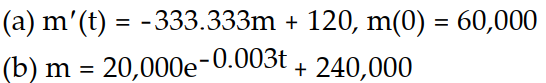 <strong>Solve the problem. -A 2000-L tank is initially filled with a copper sulfate solution with a concentration of 30 g/L. A copper sulfate solution with a concentration of 20 g/L flows into the tank at a rate of 6 L/min. The thoroughly mixed solution is drained from the tank at a rate of 6 L/min. (a) Write an initial value problem for the mass of the copper sulfate. (b) Solve the initial value problem.</strong> A) B) C) D)
