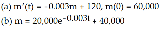 <strong>Solve the problem. -A 2000-L tank is initially filled with a copper sulfate solution with a concentration of 30 g/L. A copper sulfate solution with a concentration of 20 g/L flows into the tank at a rate of 6 L/min. The thoroughly mixed solution is drained from the tank at a rate of 6 L/min. (a) Write an initial value problem for the mass of the copper sulfate. (b) Solve the initial value problem.</strong> A) B) C) D)
