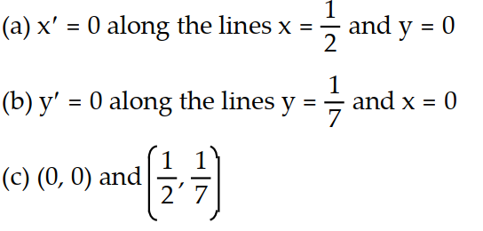 <strong>Solve the problem. -Consider the pair of differential equations that model a predator-prey system with populations x and y. (t) = 3x - 6xy (t) = -y + 7xy (a) Find the lines along which (t) = 0, (b) find the lines along which (t) = 0, (c) find the equilibrium points for the system. </strong> A) B) C) D)