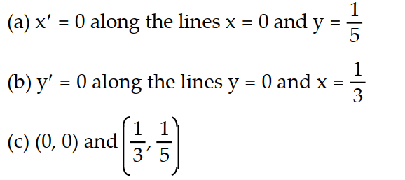 <strong>Solve the problem. -Consider the pair of differential equations that model a predator-prey system with populations x and y. (t) = 5x - xy (t) = -3y + xy (a) Find the lines along which (t) = 0, (b) find the lines along which (t) = 0, (c) find the equilibrium points for the system.</strong> A) B) C) D)