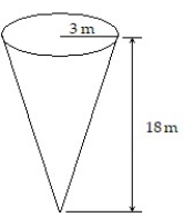 Solve the problem. -A water tank is shaped like an inverted cone with height 18 m and base radius 3 m (see figure). If the tank is full, how much work is required to pump the water to the level of the top of the tank and out of the tank? Express the answer in terms of \pi .