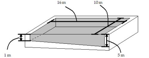 Solve the problem. -A swimming pool is 16 m long and 10 m wide, with a bottom that slopes uniformly from a depth of at one end to a depth of 2 m at the other end (see figure). Assuming the pool is full, how much work is required to pump the water to a level 0.2 m above the top of the pool? Round to one decimal place when appropriate.