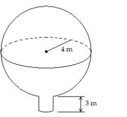 Solve the problem. -A spherical water tank with an inner radius of 4 m has its lowest point 3 m above the ground. It is filled by a pipe that feeds the tank at its lowest point (see figure). Neglecting the volume of the inflow pipe, how much work is required to fill the tank if it is initially empty? Express the answer in terms of \pi .