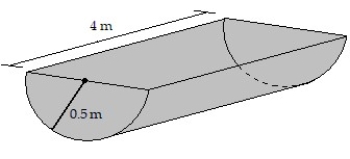 Solve the problem. -A water trough has a semicircular cross section with a radius of 0.5 m and a length of 4 m (see figure). How much work is required to pump water out of the trough when it is full? Round to two decimal places when appropriate.
