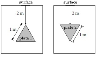 Solve the problem. -A plate shaped like an equilateral triangle 1 m on a side is placed on a vertical wall 2 m below the surface of a pool filled with water. On which plate in the figure is the force greater? Try to anticipate the answer and then compute the force on each plate. Round to three decimal places when appropriate.