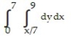 <strong>Express the area of the region bounded by the given line(s) and/or curve(s) as an iterated double integral. -The coordinate axes and the line </strong> A) B) C) D)