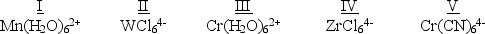 <strong>Which of the following five complexes are paramagnetic with 2 unpaired electrons? (If needed, use the following equation:Spectrochemical Series I<sup>-</sup> < Br<sup>-</sup> < Cl<sup>-</sup> < F<sup>-</sup> < OH<sup>-</sup> < H<sub>2</sub>O< NH<sub>3</sub> < en < NO<sub>2</sub><sup>-</sup> < CN<sup>-</sup> < CO)</strong> A) I and II B) II, IV, and V C) III D) IV and V E) I and III