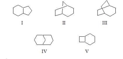 <strong>Which of the following is bicyclo[3.2.2]nonane?  </strong> A) I B) II C) III D) IV E) V <div style=padding-top: 35px> 