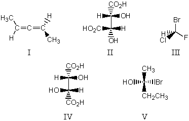 <strong>Which of the following molecules is achiral? </strong> A) I B) II C) III D) IV E) V