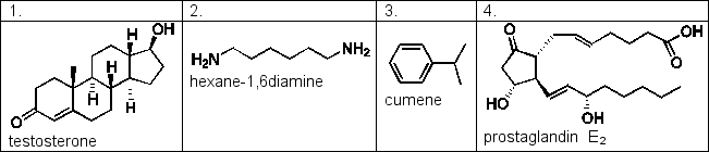 <strong>Benzene and water are immiscible, forming two separate layers when mixed. Samples of the compounds below are shaken in a mixture of benzene and water. Which of the following compounds would you expect to be found in the benzene layer? </strong> A) 2 and 4 B) 2 and 3 C) 1 and 4 D) 1 and 3 E) 1, 3 and 4