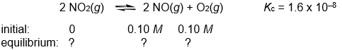 Calculate the NO, NO<sub>2</sub>, and O<sub>2</sub> concentrations in the following gas-phase reaction at equilibrium at 200°C.