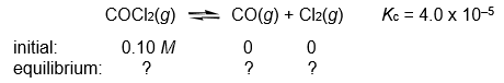 Calculate the COCl<sub>2</sub>, CO, and Cl<sub>2</sub> concentrations when the following gas-phase reaction reaches equilibrium at 300°C.
