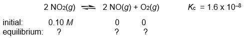 Calculate the NO, NO<sub>2</sub>, and O<sub>2</sub> concentrations in the following gas-phase reaction at equilibrium at 200°C.