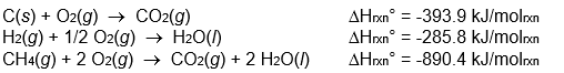 <strong>Calculate \Delta H<sub>rxn</sub>° for the reaction: C(s) + 2 H<sub>2</sub>(g) \rightarrow CH<sub>4</sub>(g) from the following data: </strong> A) -1855.7 kJ/mol<sub>rxn</sub> B) -214.6 kJ/mol<sub>rxn</sub> C) -75.1 kJ/mol<sub>rxn</sub> D) 210.9 kJ/mol<sub>rxn</sub> E) 1569.9 kJ/mol<sub>rxn</sub>