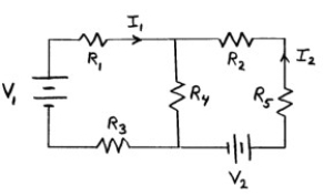 See Figure 18-15. Given R<sub>1</sub> = 18. \Omega , R<sub>2</sub> = 44. \Omega , R<sub>3</sub> = 33. \Omega , R<sub>4</sub> = 14. \Omega , R<sub>5</sub> = 12. \Omega , V<sub>1</sub><sub> </sub>= 18.<sub> </sub>volts, and V<sub>2</sub> and 12.volts: (a) determine I<sub>1</sub>. (b) determine I<sub>2</sub>.