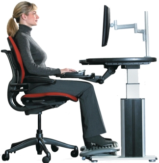 <strong>Please use the figure below to answer the following two questions. FIGURE 17-1 -Figure 17-1 shows an example of an ergonomically designed workstation. Suggestions made in the lesson included all of the following EXCEPT ____.</strong> A) thighs parallel to the floor B) feet flat on the floor or on a footrest C) eyes looking at part top of screen D) using the mouse that is integrated into the keyboard