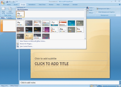 <strong>Please use the figure below to answer the following two questions. FIGURE 11-1 -Referring to Figure 11-1, in order to add a theme you will choose the ____ tab and then click the More button in the Themes group to display all available themes.</strong> A) Slide Show B) Review C) Insert D) Design