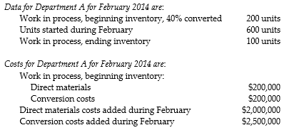 <strong>Answer the following questions using the information below: Dharma Plastics, Inc., manufactures plastic moldings for car seats. Its costing system utilizes two cost categories, direct materials and conversion costs. Each product must pass through Department A and Department B. Direct materials are added at the beginning of production. Conversion costs are allocated evenly throughout production. -What is the unit cost per equivalent unit of beginning inventory in Department A?</strong> A) $2,000 B) $7,000 C) $3,500 D) $7,500