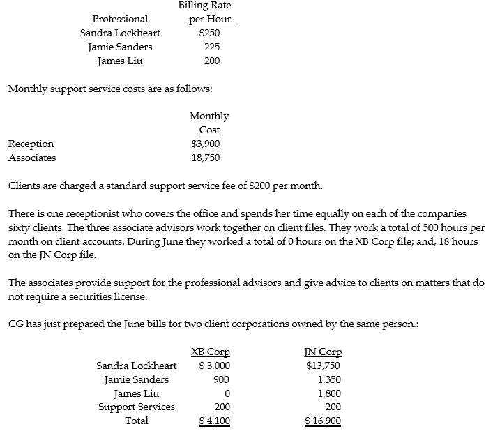 The Celestial Group (CG) provides financial advice to individuals and corporations. CG charges clients for (a) direct professional time, and (b) support services. The three professionals in CG and their rates per professional hour are as follows: The owner of the two corporations has questioned the June bill. She is wondering why support services is the same amount when XB Corp required no support service for the month. Required: Prepare more appropriate bills for June using the activity-based costing approach.