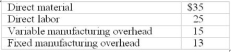 <strong>Use the following to answer questions: Simmons Company's records show the following costs for Division X's output: The units typically are transferred from Division X to Division Y, although they may be sold externally at $98 per unit.. Beginning and ending inventories are equal to zero. -What would be the transfer price if variable cost is used?</strong> A) $98 B) $ 88 C) $ 75 D) $ 60