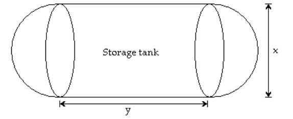  Solve the problem. -Liquid propane fuel is frequently stored in tanks that are shaped like the one shown in the figure below. The volume  \mathrm{V}  of the tank can be computed using the formula  \mathrm{V}=\frac{4}{3} \pi\left(\frac{\mathrm{x}}{2}\right)^{3}+\pi y\left(\frac{\mathrm{x}}{2}\right)^{2} . If  \mathrm{x}=   3.4 \mathrm{ft}  and  \mathrm{y}=5.8 \mathrm{ft} , calculate the volume of the tank. Use the approximation  \pi \approx 3.14 .   