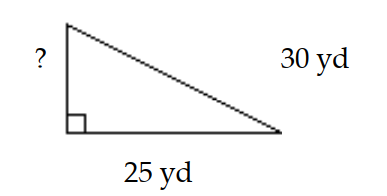 Solve the problem. -The diagram below shows a rope connecting the top of a pole to the ground. The rope is 30 yd long and touches the ground 25 yd from the pole. How tall is the pole? Round approximations to the nearest tenth.