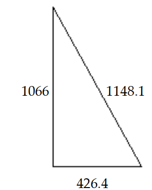 <strong>In this right triangle, find the ratios of shortest length to longest length and of longest length to shortest length. </strong> A) \frac{1148.1}{1066} ; \frac{1066}{1148.1} B) \frac{426.4}{1148.1} ; \frac{1148.1}{426.4} C) \frac{1148.1}{426.4} ; \frac{426.4}{1148.1} D) \frac{1066}{1148.1} ; \frac{1148.1}{1066}