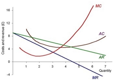 The following diagram shows a firm facing a downward- sloping demand curve. The profit- maximising quantity is equal to the point of unit elasticity of demand.