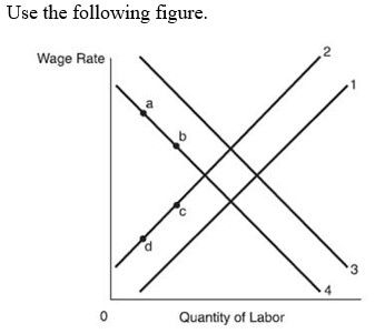 <strong> -An increase in the wage rate paid to labor in this market would cause a:</strong> A) shift from line 1 to line 2. B) shift from line 4 to line 3. C) movement from point a to point b. D) movement from point d to point c.