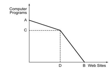 The following figure depicts the production possibilities curve when Ann and Bob engage in trade. With all her resources, Ann can either produce two computer programs or one Web site. With all his resources, Bob can either produce one computer program or three Web sites. -Refer to the figure above. What should be the values of C and D?