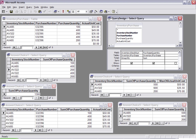 <strong>Given the Inventory-Purchase table, a query design, and five possible query results below, which of the query results represents the answer you would obtain if you applied the query design to the Inventory-Purchase table? </strong> A) Answer choice 1 B) Answer choice 2 C) Answer choice 3 D) Answer choice 4 E) Answer choice 5